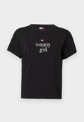 Schwarzes Baumwoll-T-Shirt mit rundem Halsausschnitt, kurzen Ärmeln und einem weißen "tommy girl"-Logo. Verfügt über einen bunten Sternakzent über dem Text.