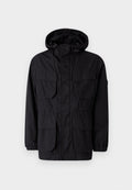 Schwarze Kapuzenjacke aus leichtem Stoff, mit vier Fronttaschen, elastischen Bündchen und einem taillierten Bund für eine anpassbare Passform.