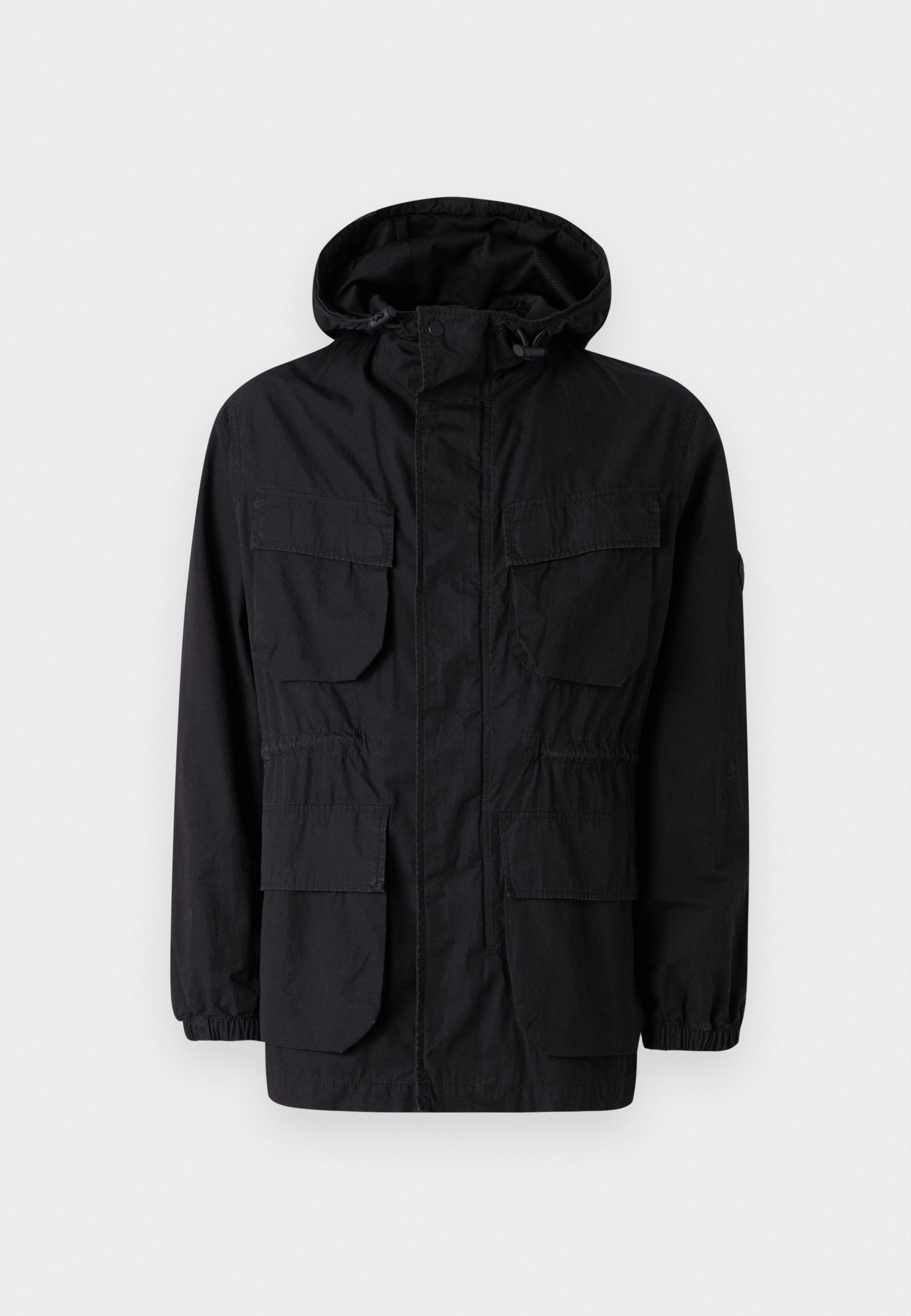 Schwarze Kapuzenjacke aus leichtem Stoff, mit vier Fronttaschen, elastischen Bündchen und einem taillierten Bund für eine anpassbare Passform.
