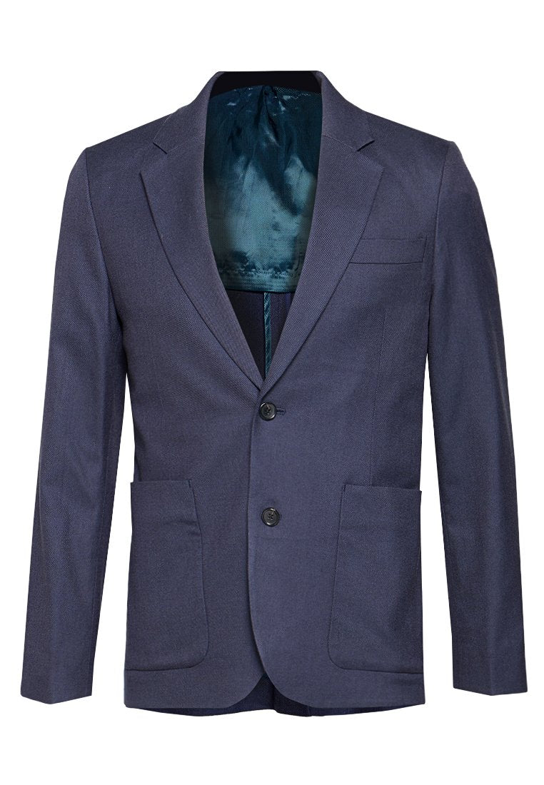 Marineblauer Blazer aus strukturiertem Stoff, mit zwei Fronttaschen, abgestepptem Revers und einem glatten Innenfutter in Kontrastfarbe.