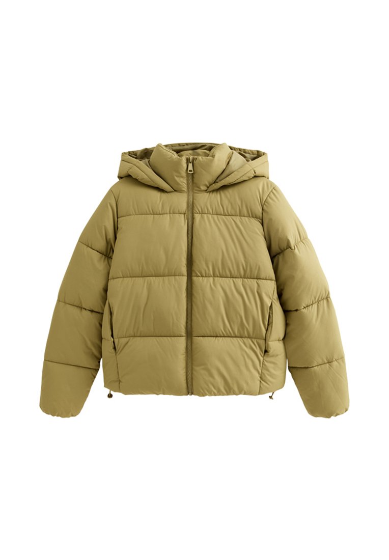 Khaki Steppjacke mit durchgehendem Reißverschluss und Kapuze. Verfügt über ein gesteppstes Design, elastische Ärmelbündchen und einen Kordelzug am Saum für eine anpassbare Passform.