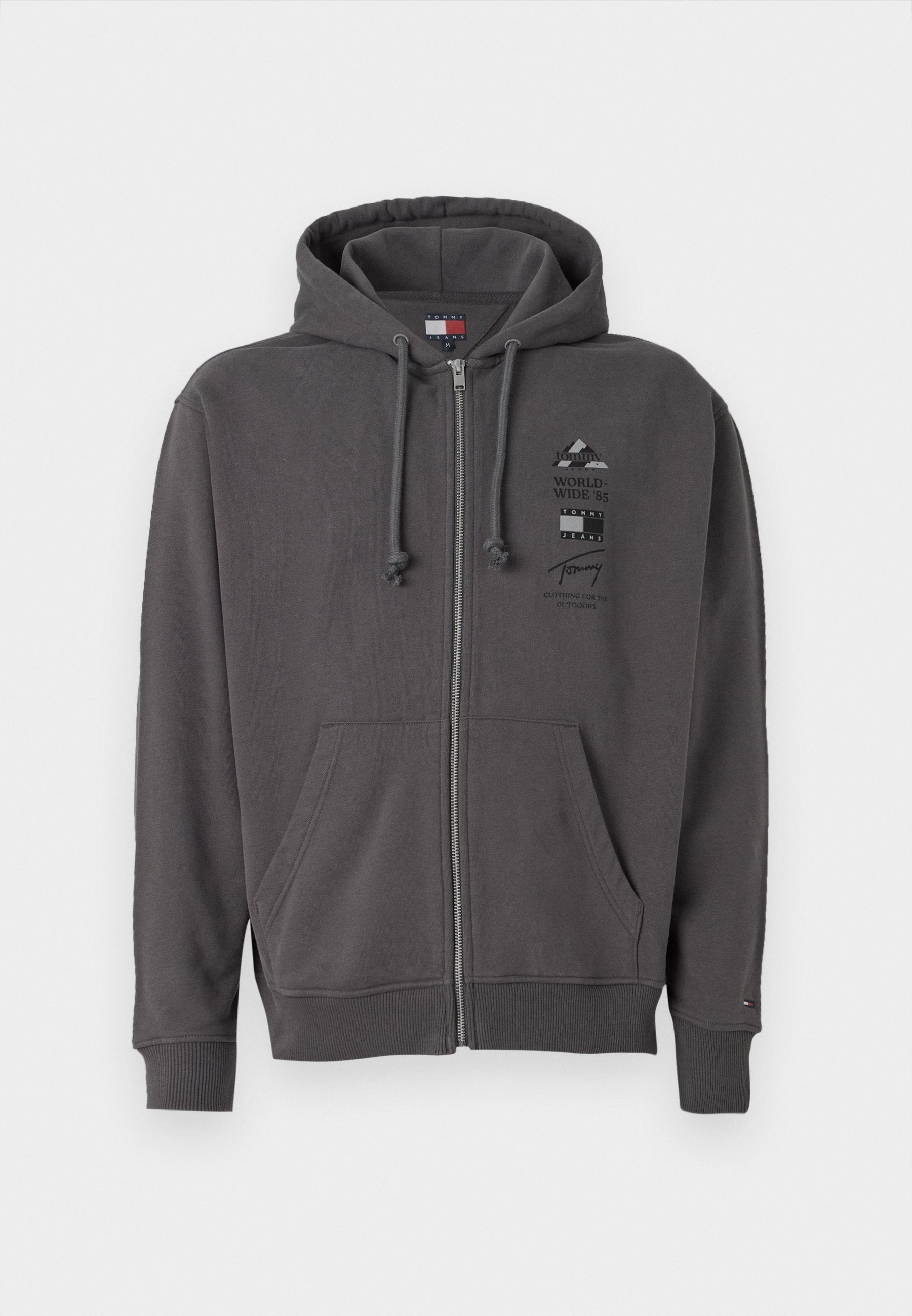 Graue Zip-Hoodie mit Kapuze mit Kordelzug, Fronttaschen, gerippten Bündchen und einem Logo-Graphic auf der Brust. Weicher, strukturiert Stoff.