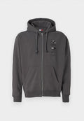 Graue Zip-Hoodie mit Kapuze mit Kordelzug, Fronttaschen, gerippten Bündchen und einem Logo-Graphic auf der Brust. Weicher, strukturiert Stoff.