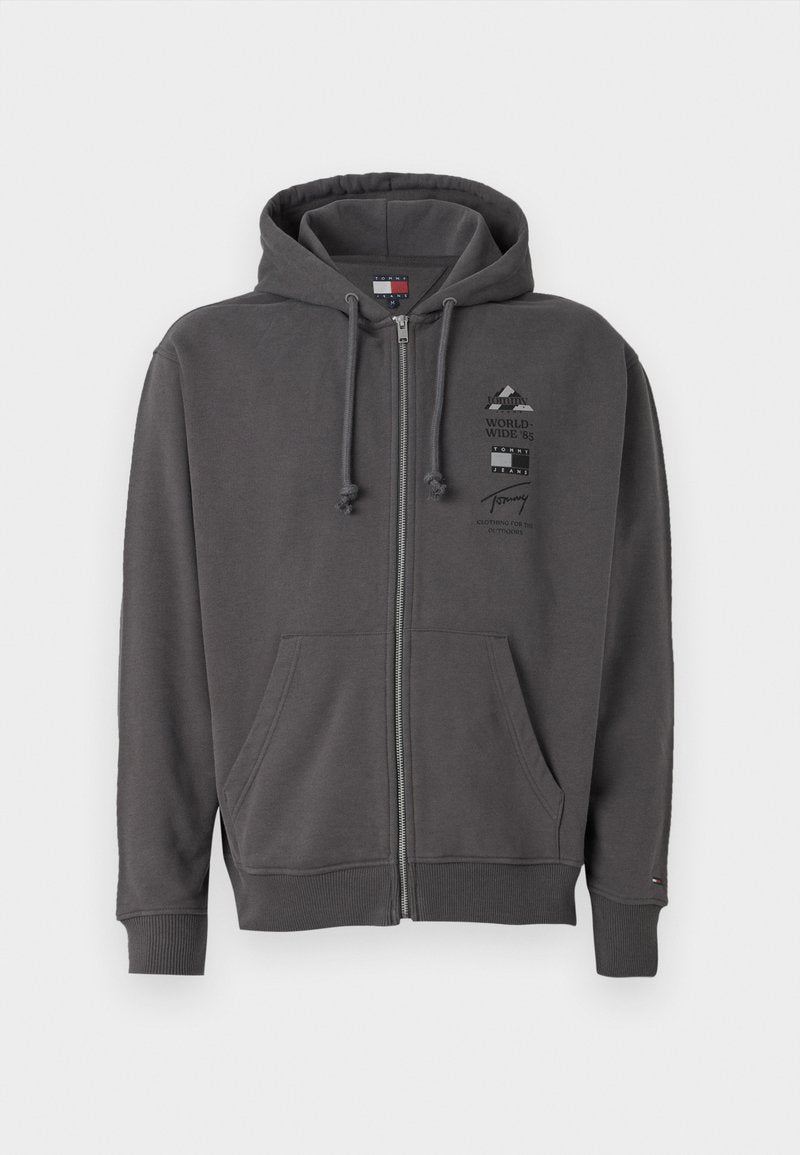 Graue Zip-Hoodie mit Kapuze mit Kordelzug, Fronttaschen, gerippten Bündchen und einem Logo-Graphic auf der Brust. Weicher, strukturiert Stoff.