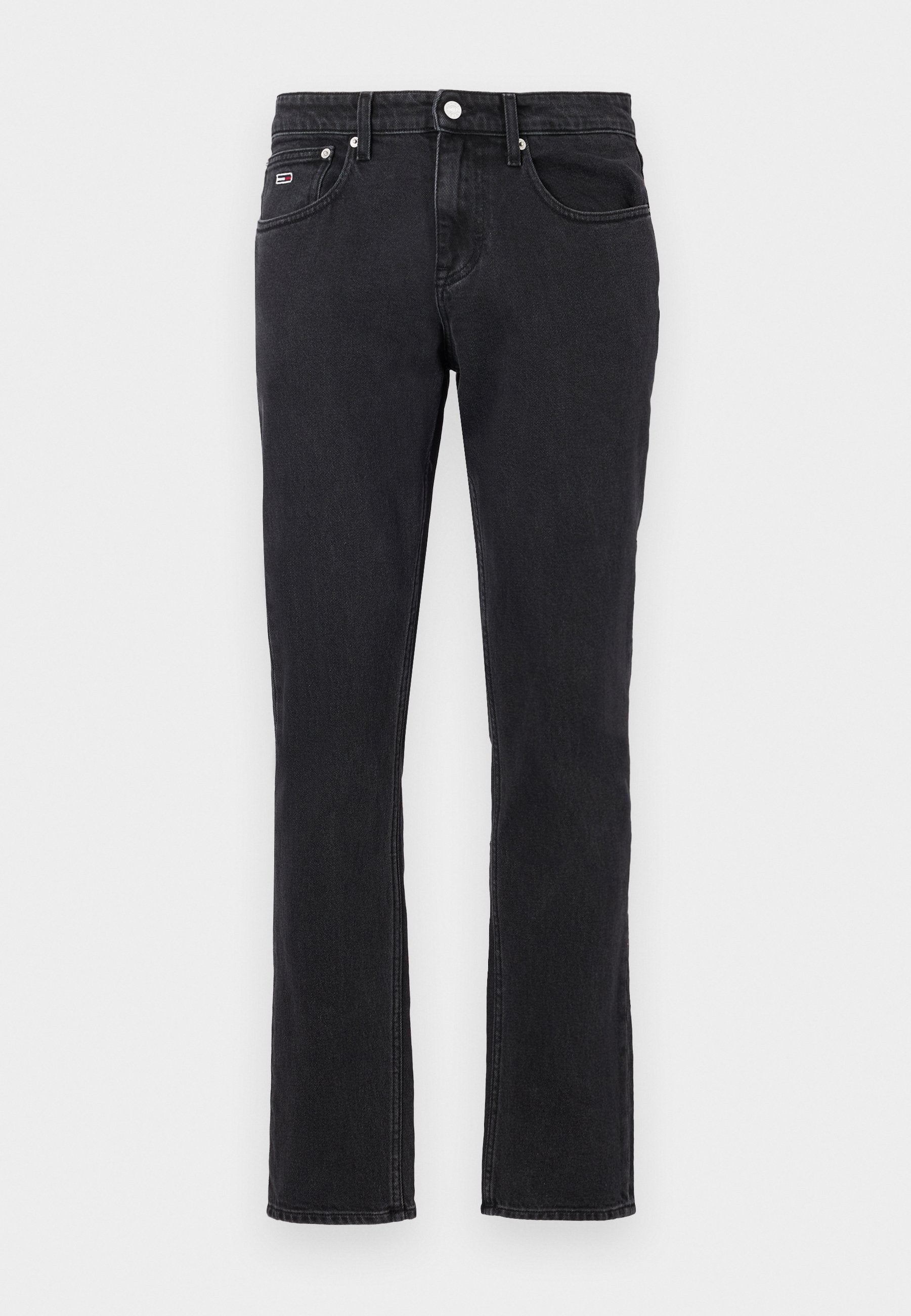 Schwarze Denim-Jeans mit geradem Bein. Verfügbar mit zwei vorderen Taschen, einer Münztasche und einer Hintertasche mit einem kleinen Markenlogo. Silberne Beschläge.