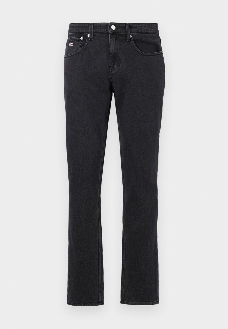 Schwarze Denim-Jeans mit geradem Bein. Verfügbar mit zwei vorderen Taschen, einer Münztasche und einer Hintertasche mit einem kleinen Markenlogo. Silberne Beschläge.