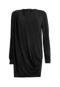 Schwarz Kleid mit langen Ärmeln, drapiertem Design, runder Halslinie und seitlicher Raffung. Hergestellt aus glattem, elastischem Stoff mit einem Reißverschluss auf der Rückseite.