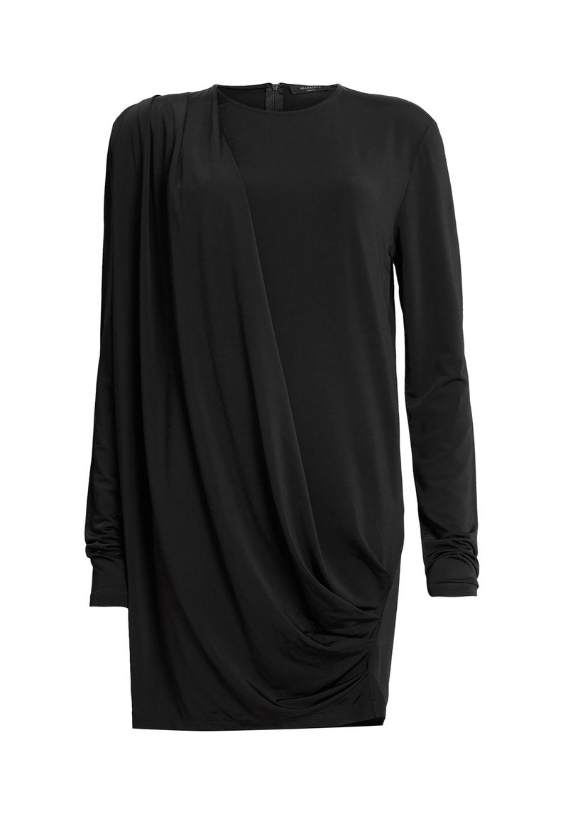 Schwarz Kleid mit langen Ärmeln, drapiertem Design, runder Halslinie und seitlicher Raffung. Hergestellt aus glattem, elastischem Stoff mit einem Reißverschluss auf der Rückseite.
