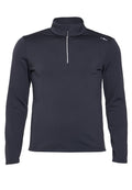 Dunkelblauer Fleecepullover mit halblangem Reißverschluss am Kragen, langen Ärmeln und glatter Textur. Verfügt über ein kleines Logo auf der oberen linken Brust.