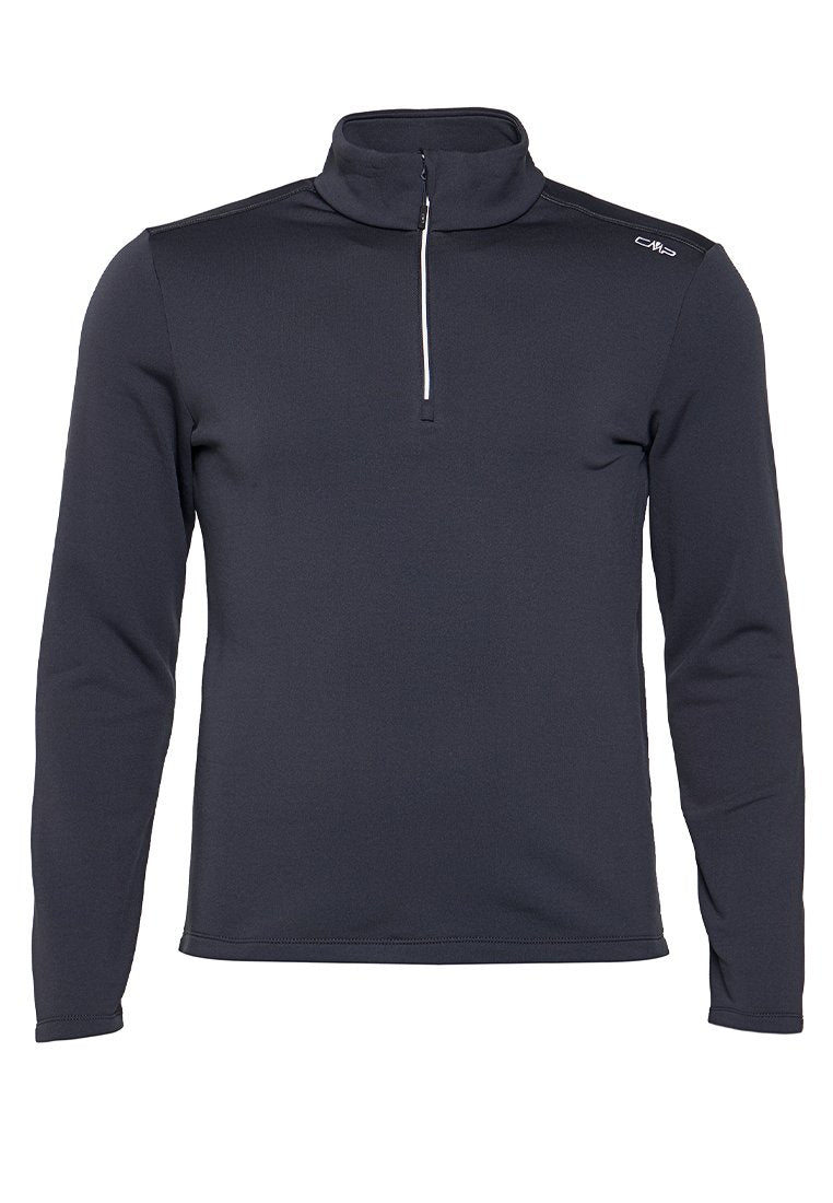 Dunkelblauer Fleecepullover mit halblangem Reißverschluss am Kragen, langen Ärmeln und glatter Textur. Verfügt über ein kleines Logo auf der oberen linken Brust.