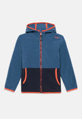 Fleece-Kapuzenpullover mit einem blauen oberen Abschnitt, einem marineblauen unteren Abschnitt und orangefarbenen Akzenten an Kapuze, Reißverschluss und Taschen.