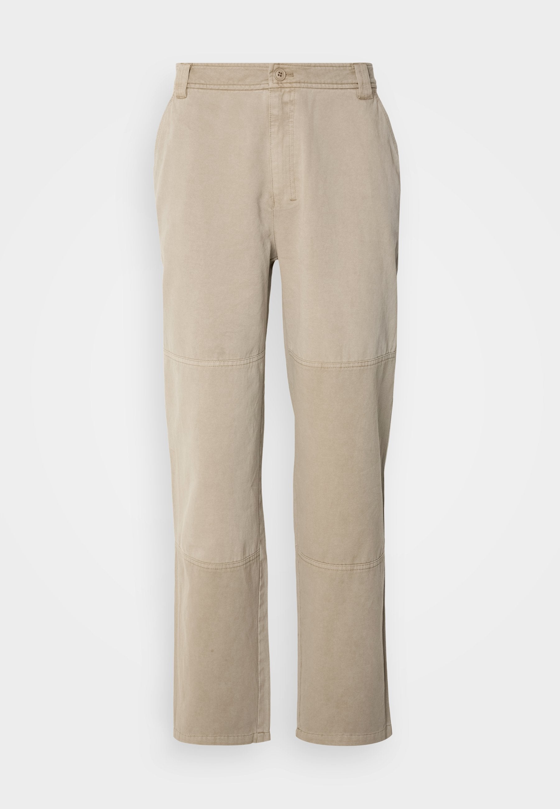 Beige Baumwoll-Twill-Hosen mit geradem Bein, ausgestattet mit genähten Knie-Akzenten und einem Knopfverschluss an der Taille.