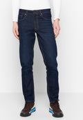 Dunkelblaue Jeans aus Denim mit schmaler Passform, kontrastierenden Nähten, Fünf-Taschen-Design und einem Knopfverschluss am Bund.