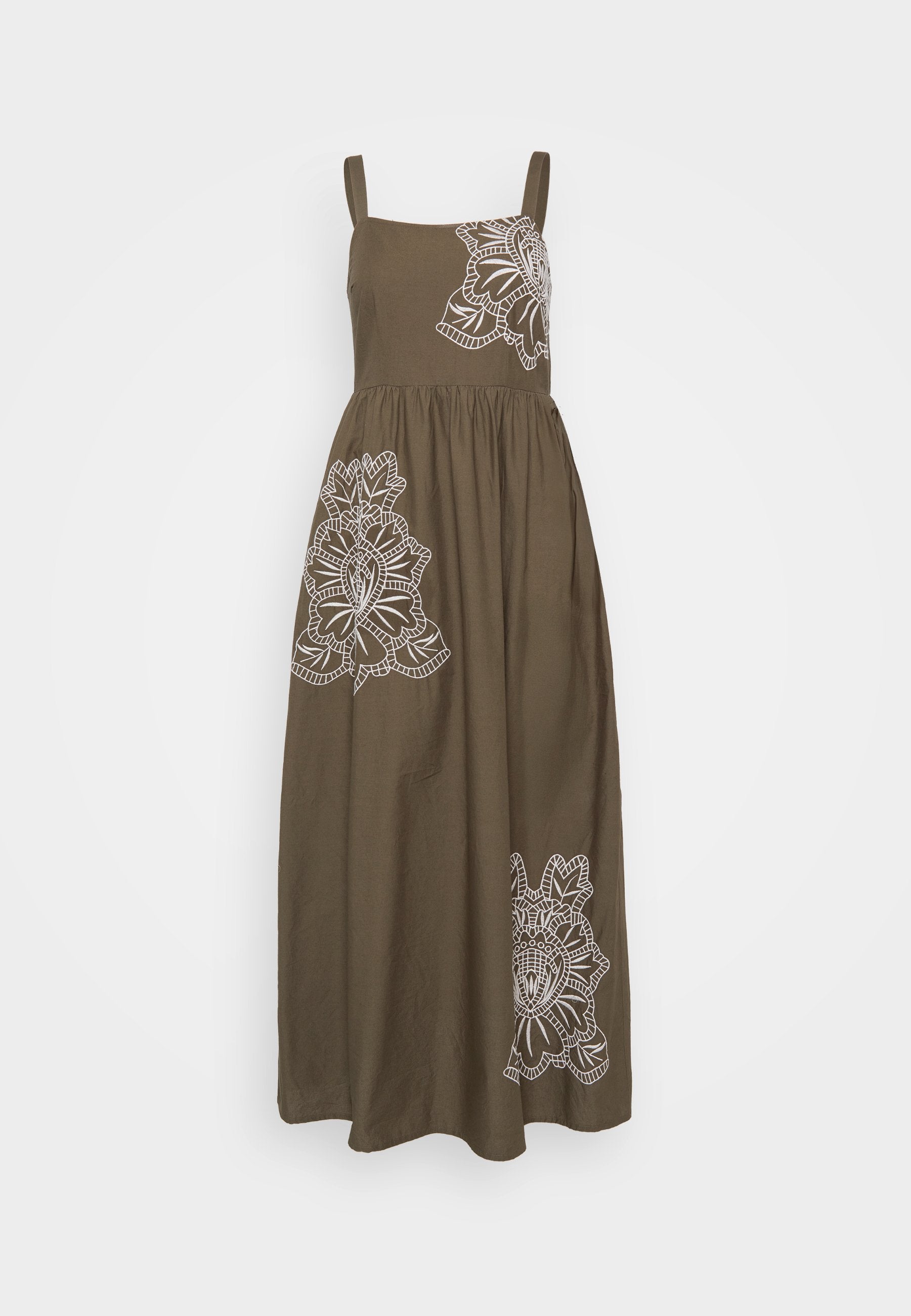 Khakifarbenes Maxikleid mit weißer Blumenstickerei auf der Vorderseite, dünnen Schulterträgern und einem fließenden A-Linien-Rock.