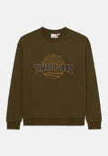 Olivenfarbener Sweatshirt aus weichem Stoff, mit einem großen Timberland-Logo in Dunkelblau und Orange, sowie einem gerippten Kragen und Bündchen.