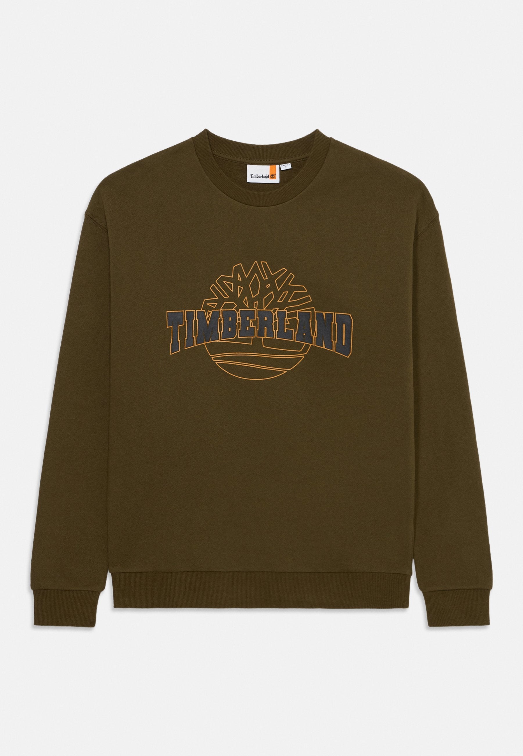 Olivenfarbener Sweatshirt aus weichem Stoff, mit einem großen Timberland-Logo in Dunkelblau und Orange, sowie einem gerippten Kragen und Bündchen.
