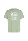 Hellgrünes Baumwoll-T-Shirt mit kurzen Ärmeln und rundem Ausschnitt, mit weißem Grafikdruck mit abstrakten Designs und Texturen.