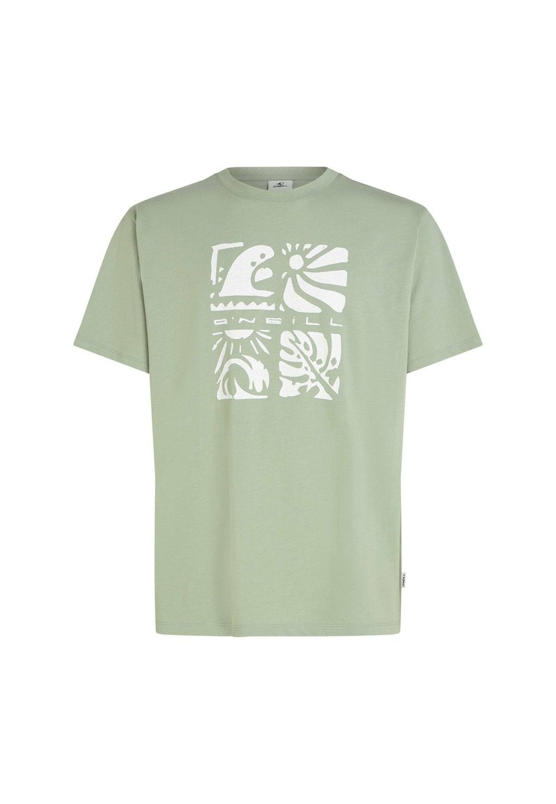 Hellgrünes Baumwoll-T-Shirt mit kurzen Ärmeln und rundem Ausschnitt, mit weißem Grafikdruck mit abstrakten Designs und Texturen.