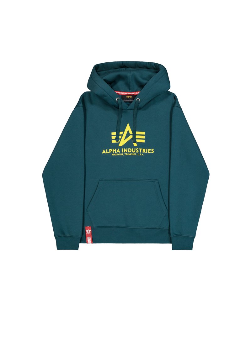 Türkise Kapuzenjacke mit Kängurutasche, gelbem "Alpha Industries"-Logo, herausziehbarem Kapuzenschnürband und rotem Markenschild am Saum. Weicher Stoff.