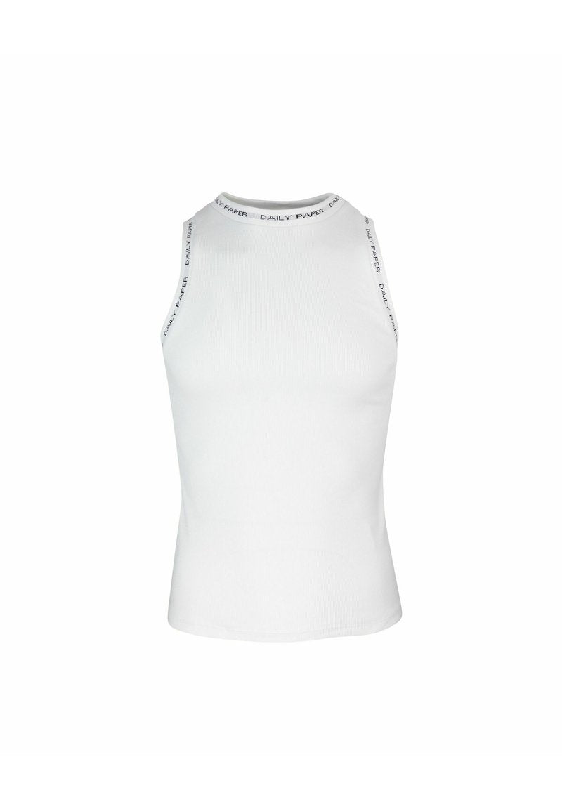Weißes ärmelloses, geripptes Tanktop mit hohem Halsausschnitt und "Daily Paper"-Text entlang des Kragens und der Armnähte.