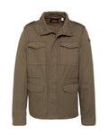 Olivgrüne Militärjacke für Herren mit vier Klappentaschen, Schulterklappen und Stehkragen mit Druckknöpfen.