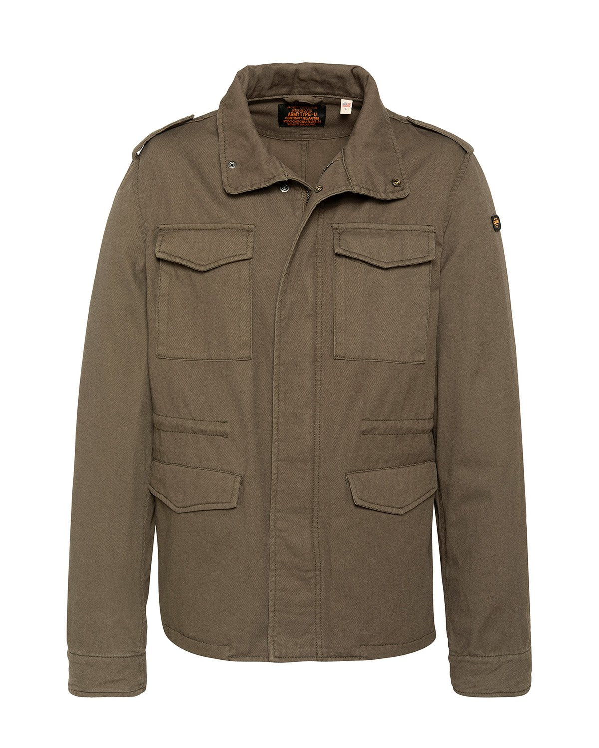 Olivgrüne Militärjacke für Herren mit vier Klappentaschen, Schulterklappen und Stehkragen mit Druckknöpfen.