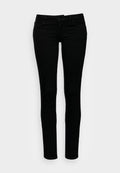 Schwarze Skinny-Jeans mit glatter Textur, fünf Taschen, metallischen Beschlägen und Gürtelschlaufen. Klassische Passform mit schlankem Schnitt.