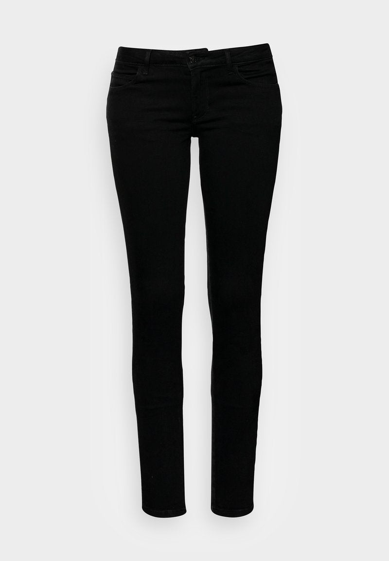 Schwarze Skinny-Jeans mit glatter Textur, fünf Taschen, metallischen Beschlägen und Gürtelschlaufen. Klassische Passform mit schlankem Schnitt.