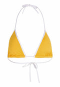 Gelber Bikini-Oberteil mit dreieckiger Form, weißen Kanten, verstellbaren Nacken- und Rückenbindebändern sowie gepufften Nahtdetails. Glatte Stoffoberfläche.
