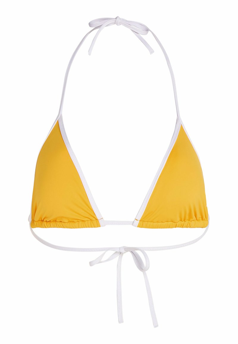 Gelber Bikini-Oberteil mit dreieckiger Form, weißen Kanten, verstellbaren Nacken- und Rückenbindebändern sowie gepufften Nahtdetails. Glatte Stoffoberfläche.