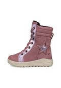 Rosa wasserdichter High-Top-Stiefel mit metallischem Sternen-Detail, Schnürung vorne, gepolstertem Knöchel und weißer Sohle.