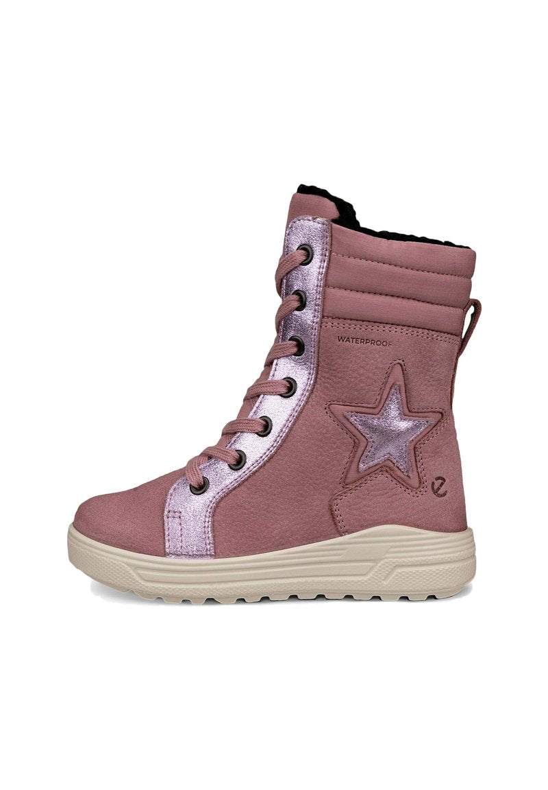 Rosa wasserdichter High-Top-Stiefel mit metallischem Sternen-Detail, Schnürung vorne, gepolstertem Knöchel und weißer Sohle.