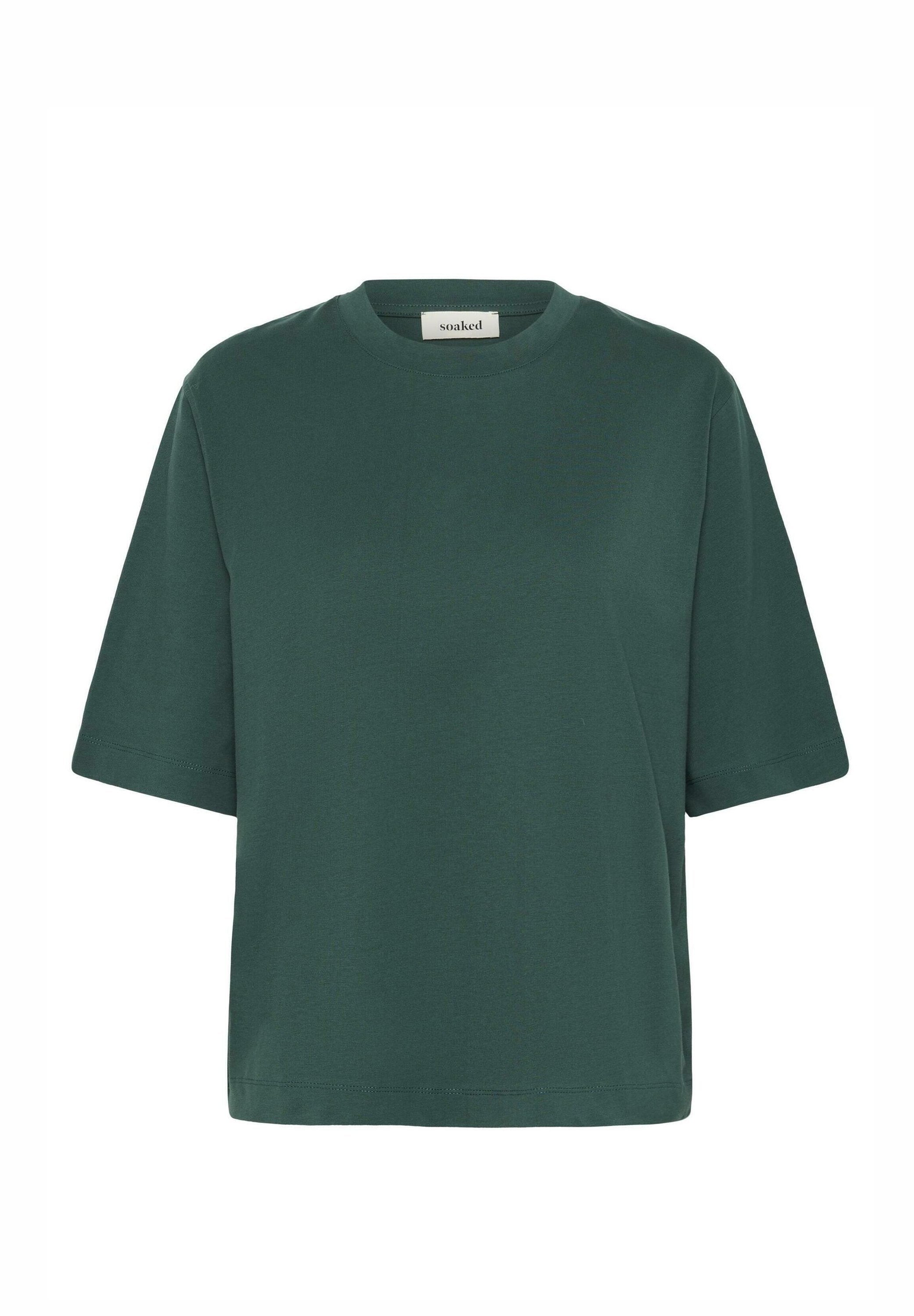 T-Shirt mit kurzen Ärmeln und Rundhalsausschnitt aus dunkelgrüner Baumwolle. Verfügt über eine lockere Passform mit geradem Saum und minimalen Nahtdetails.