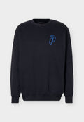 Schwarzes Sweatshirt mit Rundhalsausschnitt, langen Ärmeln und blauem geometrischem Logo auf der linken Brust.