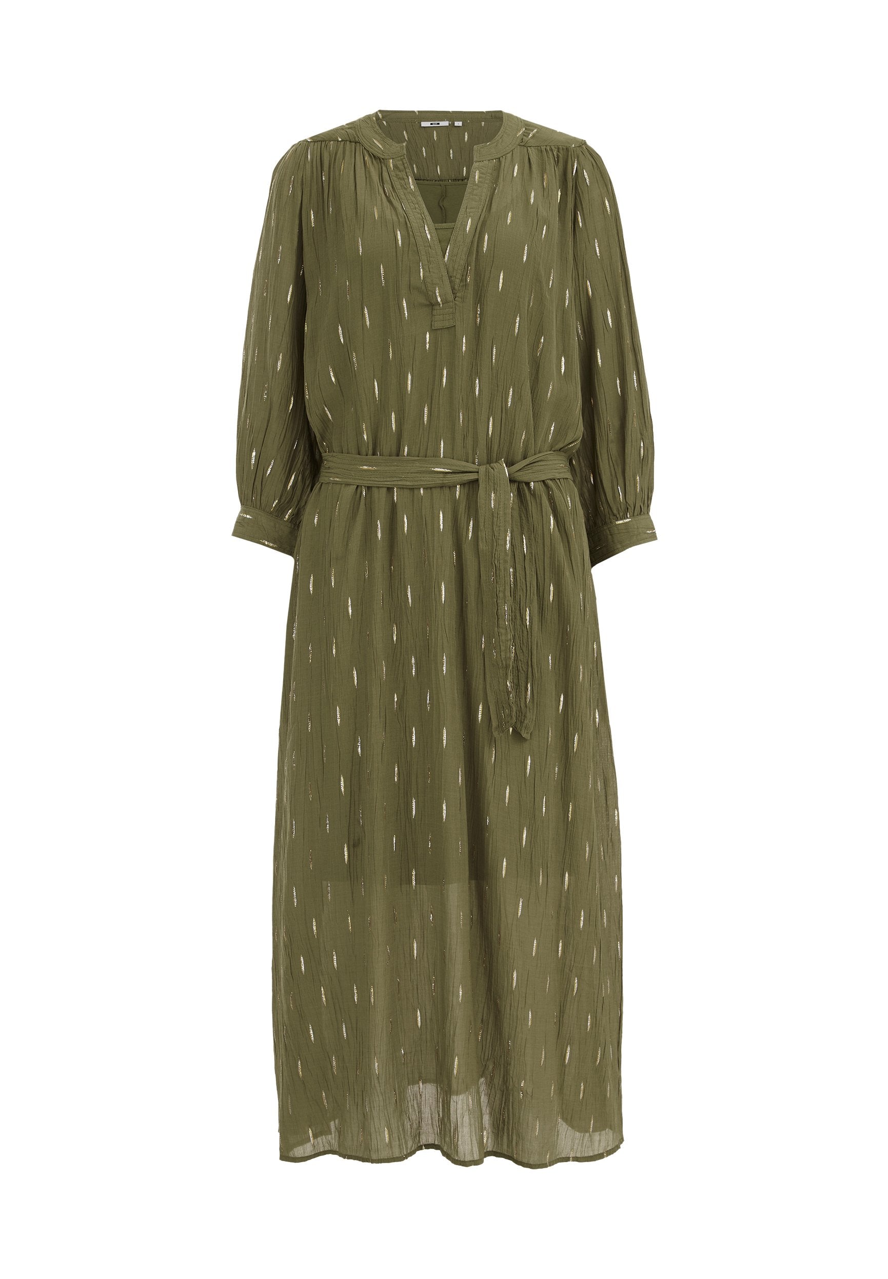 Olivenfarbenes Kleid mit lockerer Passform, leicht und mit V-Ausschnitt, langen Ärmeln und einem gebundenen Gürtel. Dezente weiße vertikale Muster über das gesamte Kleid.