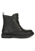 Schwarze Leder-Ankle-Boots mit runder Zehenpartie, Schnürung vorne, silbernen Ösen und dekorativen Nieten am Schaft. Strukturiere Gummi-Sohle.