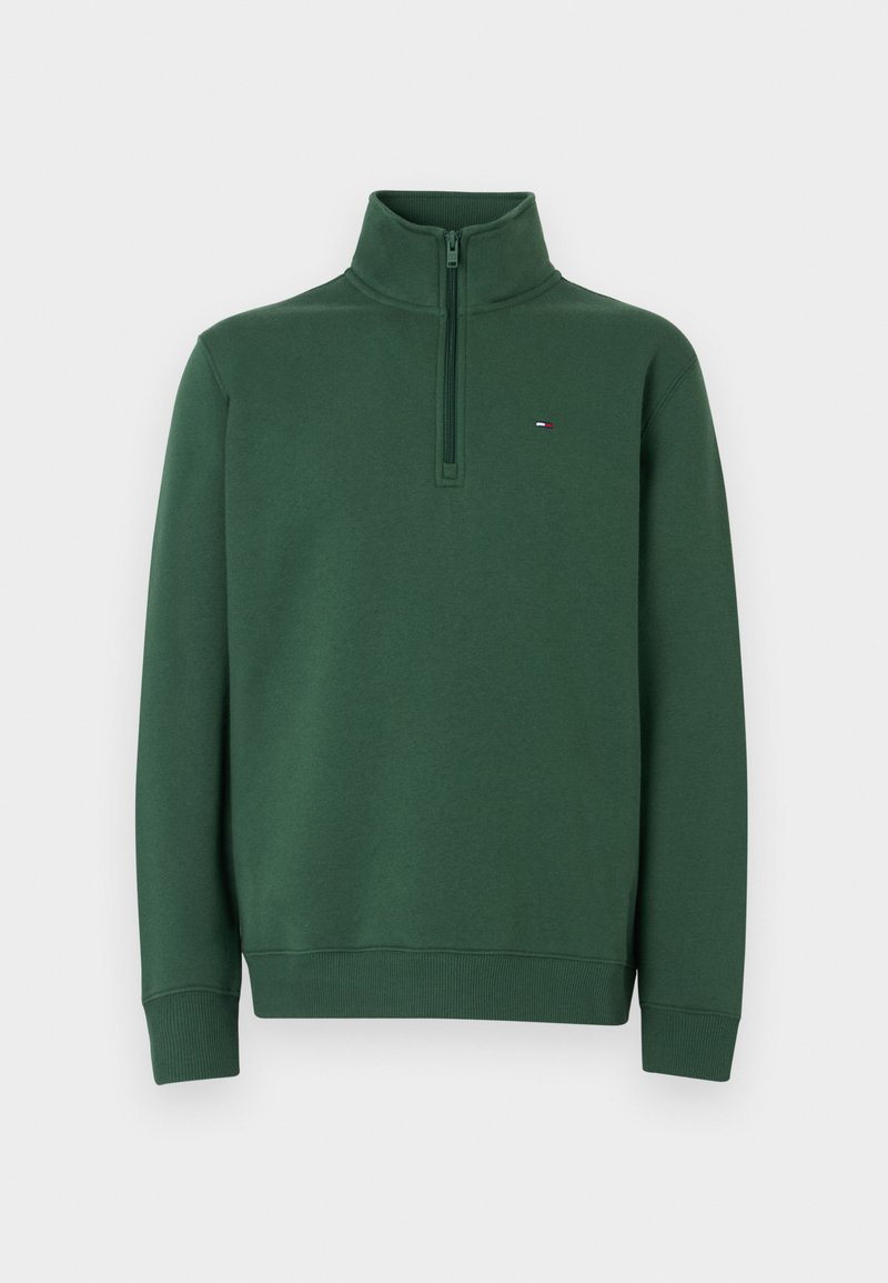 Grüner Sweatshirt mit hohem Kragen, Reißverschluss bis zur Mitte, gerippten Bündchen und einem kleinen Logoakzent auf der Brust. Hergestellt aus weichem Stoff.