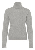 Hellgrauer Rollkragenpullover aus weichem Strickstoff, mit langen Ärmeln, einem eng anliegenden Kragen und gerippten Bündchen und Saum.