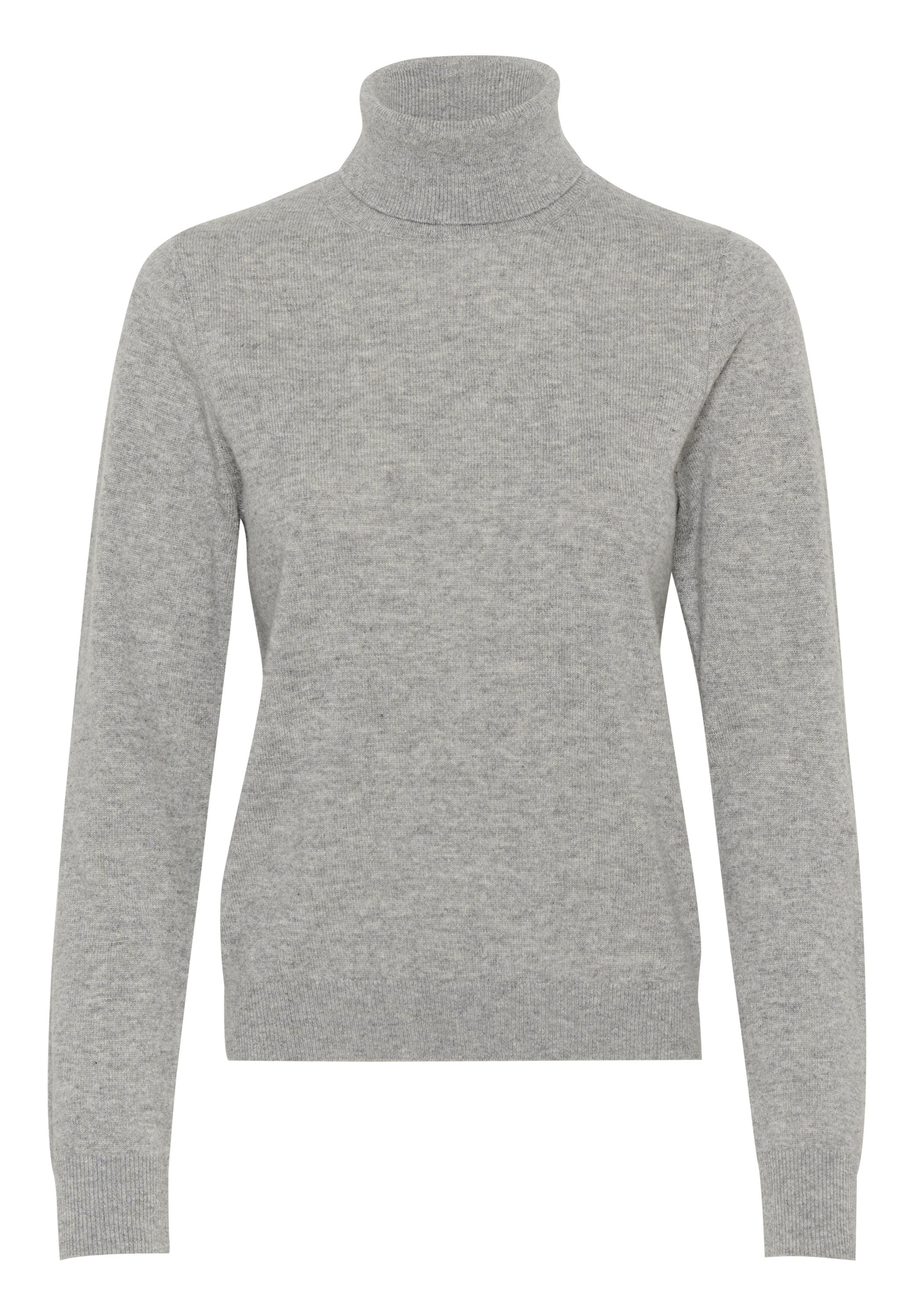 Hellgrauer Rollkragenpullover aus weichem Strickstoff, mit langen Ärmeln, einem eng anliegenden Kragen und gerippten Bündchen und Saum.