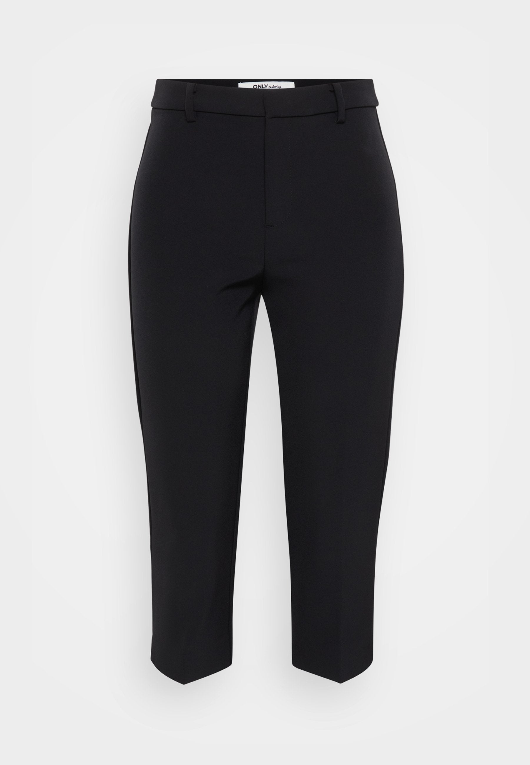 Schwarze, maßgeschneiderte Hose aus glattem Stoff, schmaler Schnitt, mittlere Leibhöhe und gekürzte Länge, mit Gürtelschlaufen und Reißverschluss.