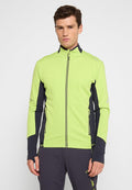 Hochsichtbare, leichte Jacke in fluoreszierendem Grün mit marinefarbenen Akzenten, durchgehendem Reißverschluss und seitlichen Reißverschlusstaschen. Dehnbares, atmungsaktives Material.