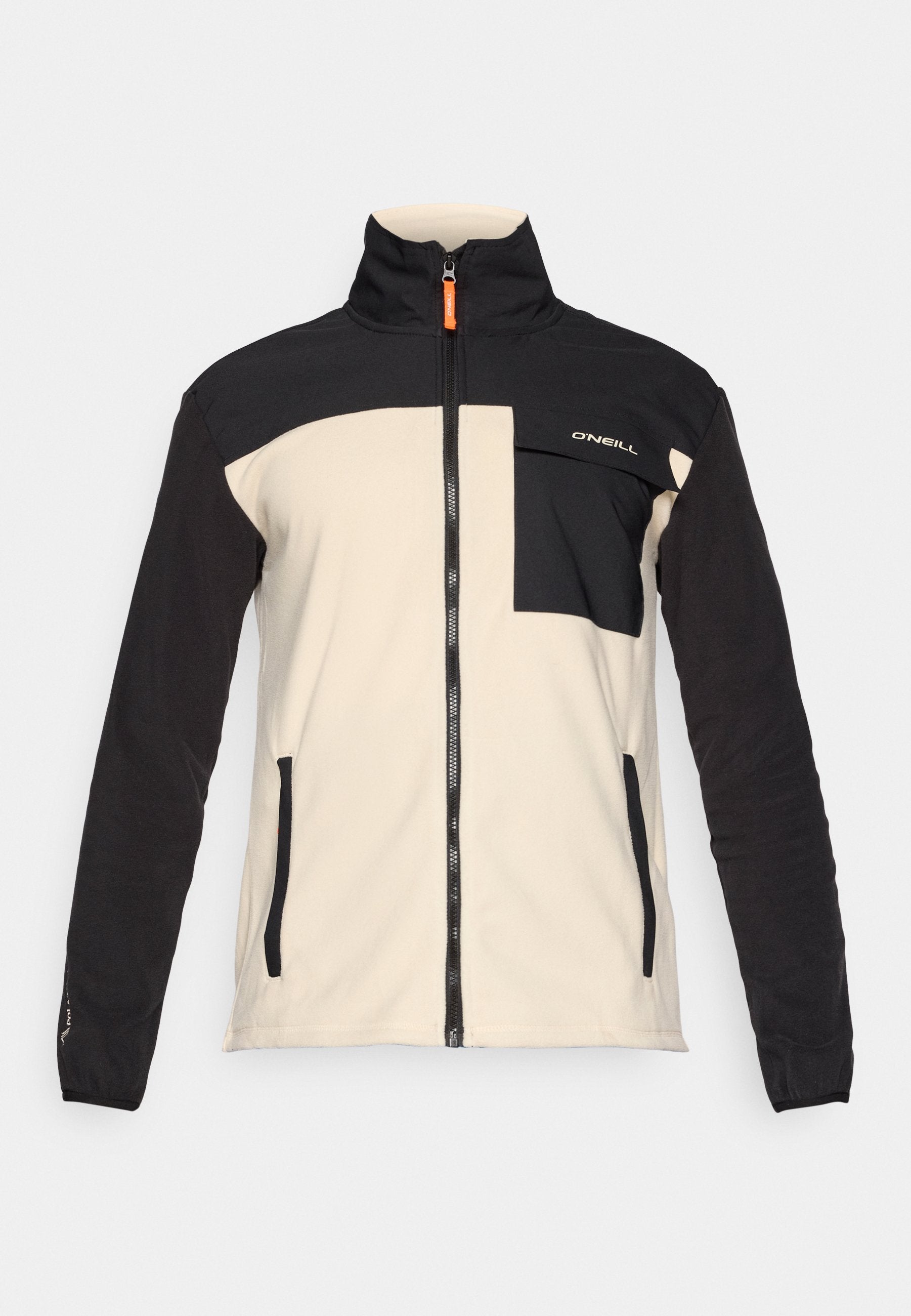 Fleecejacke mit hohem Kragen, mit einem Blockdesign in Schwarz und Creme, Reißverschluss und Seitentaschen. O'Neill-Logo auf der Brust.