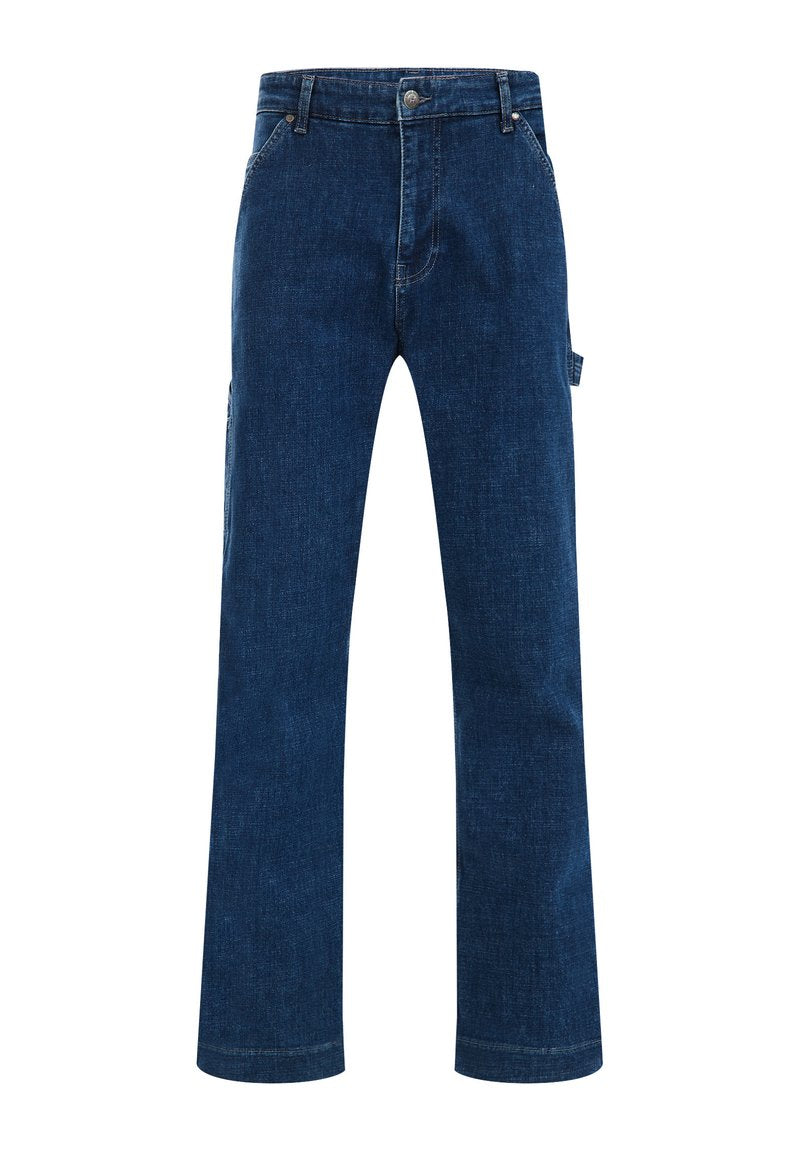 Dunkelblaue Jeans aus Denim mit geradem Bein Design, ausgestattet mit vorderen Taschen und einer seitlichen Cargo-Tasche. Einfache Nähte setzen Akzente.