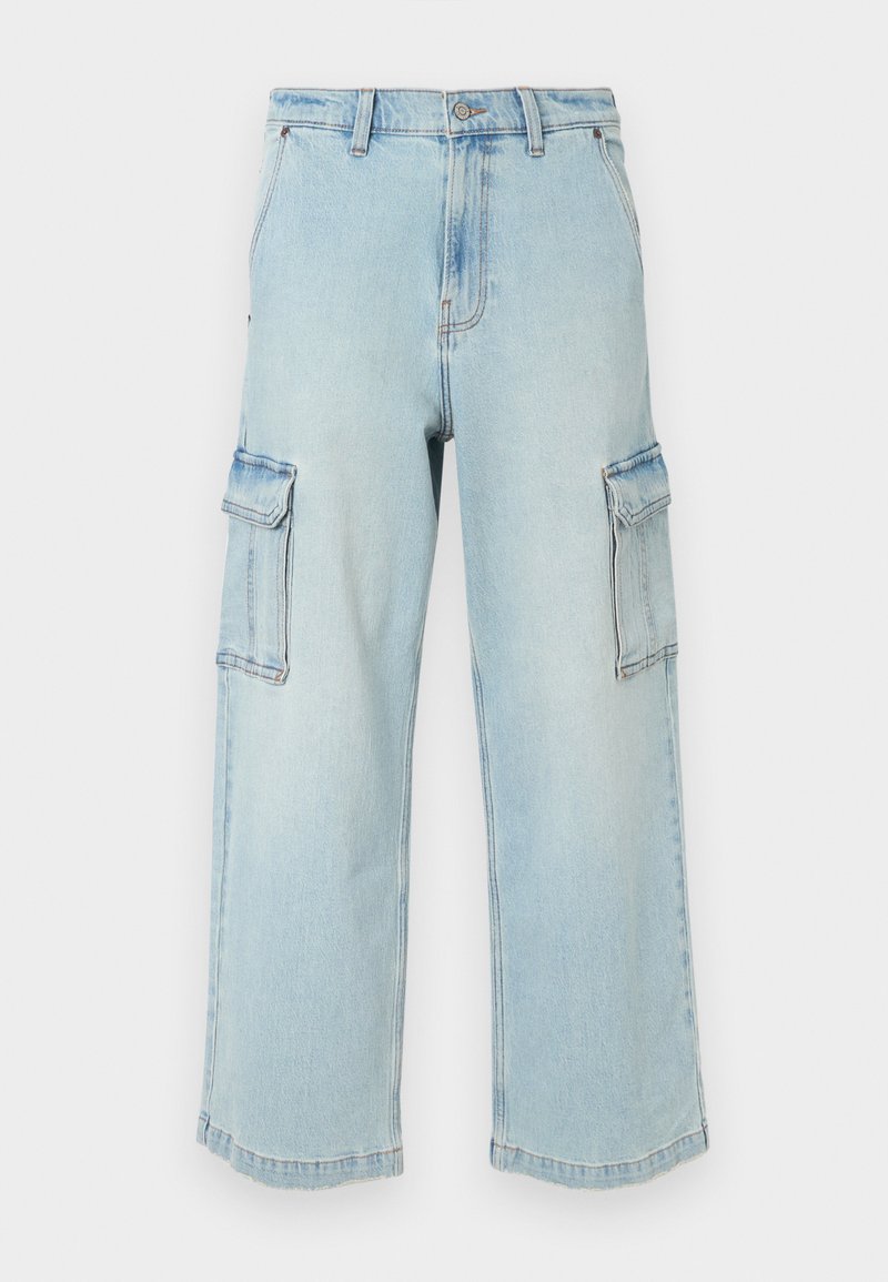 Helle blaue Denim-Cargohosen mit weitem Bein, zwei seitlichen Taschen, Knopfverschluss und einer leicht ausgebleichten Textur.
