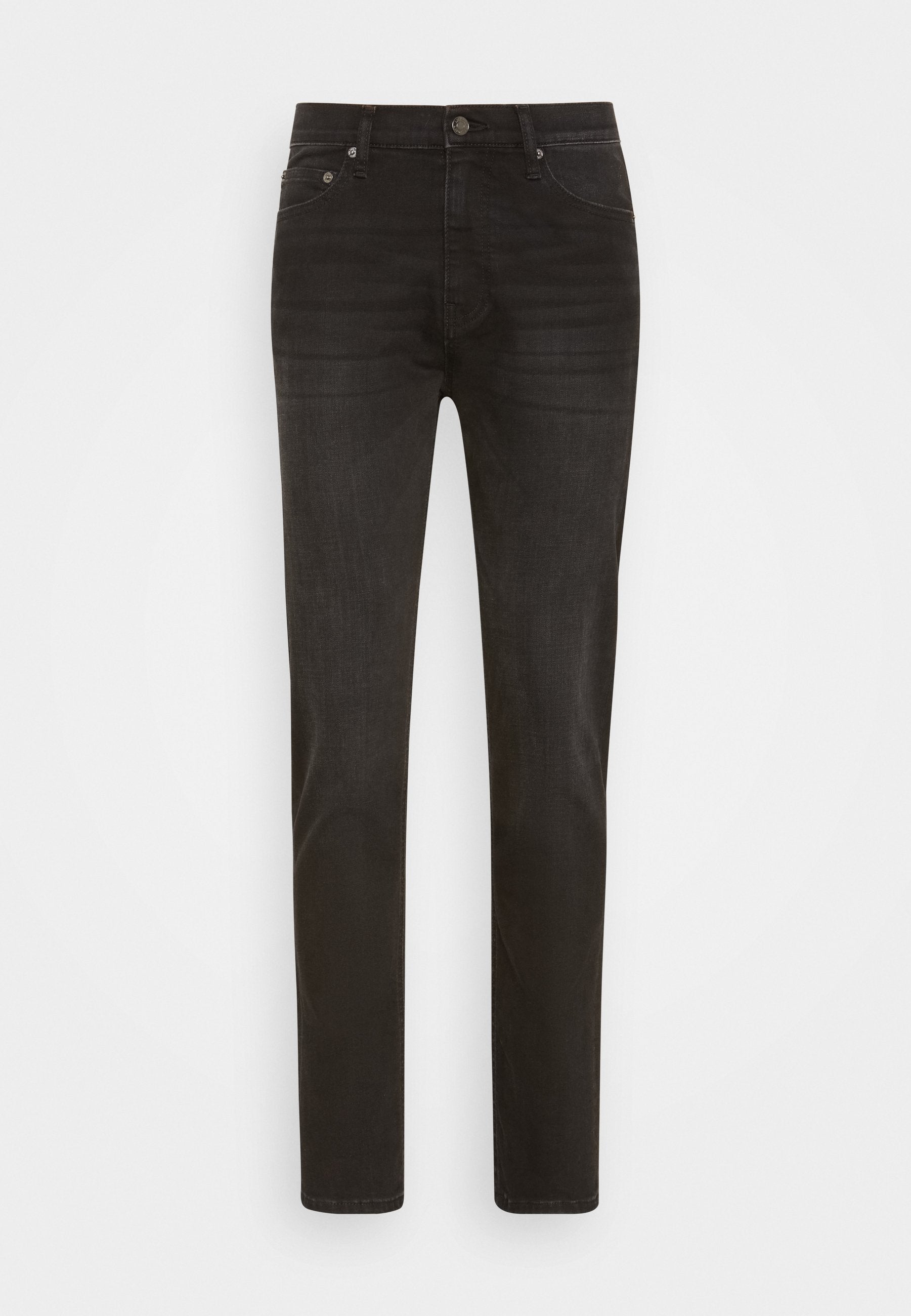 Schwarze Denim-Jeans mit schmaler Passform, klassischem Fünf-Taschen-Design, Knopfverschluss und subtilen Auswaschungen auf der Stoffstruktur.