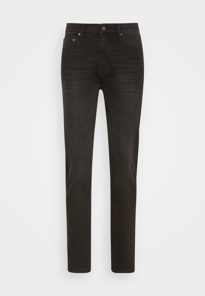 Schwarze Denim-Jeans mit schmaler Passform, klassischem Fünf-Taschen-Design, Knopfverschluss und subtilen Auswaschungen auf der Stoffstruktur.