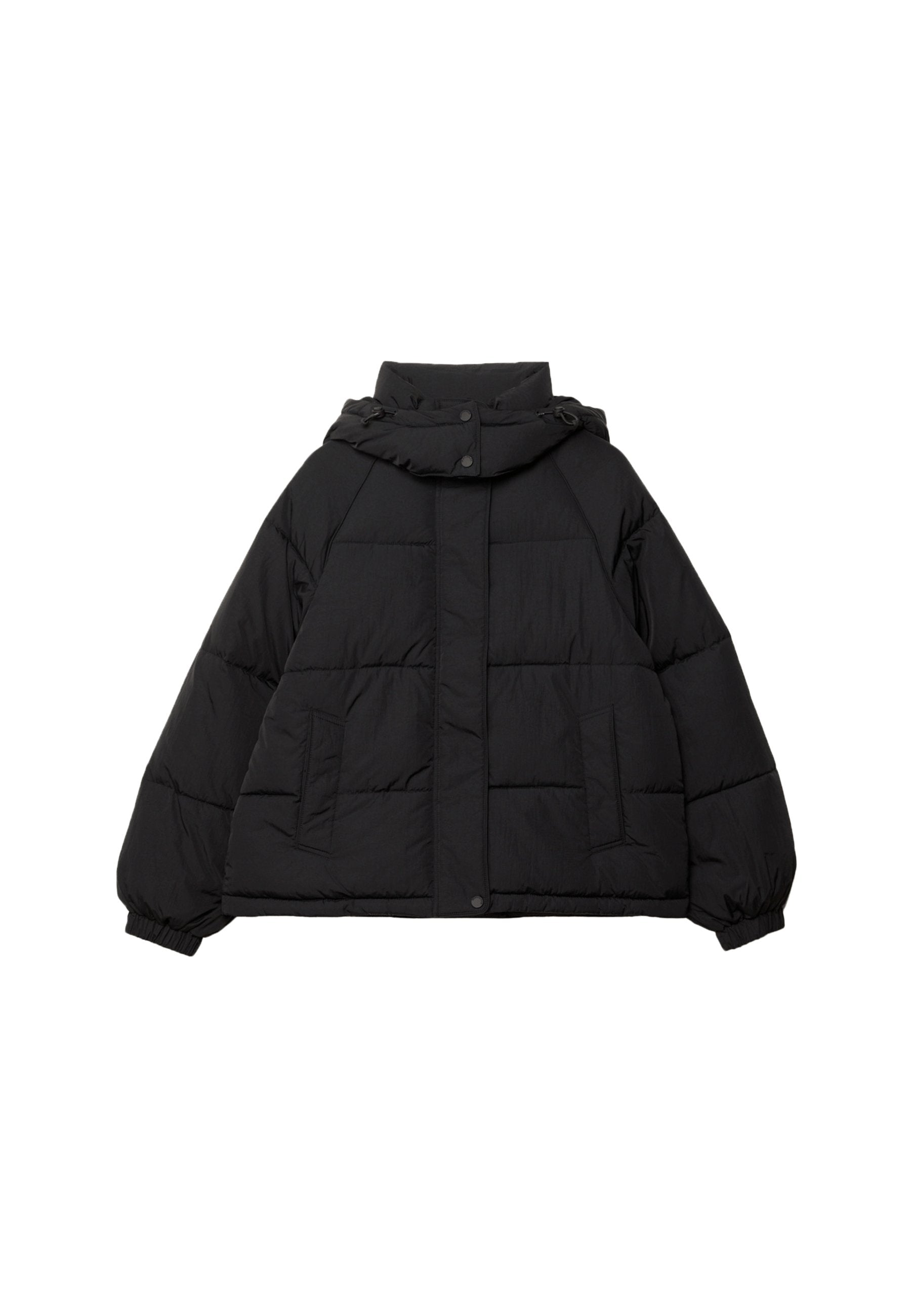 Schwarze Steppjacke mit Kapuze, mit Knopfverschluss, großen Fronttaschen, gestepptem Textur und elastischen Bündchen.