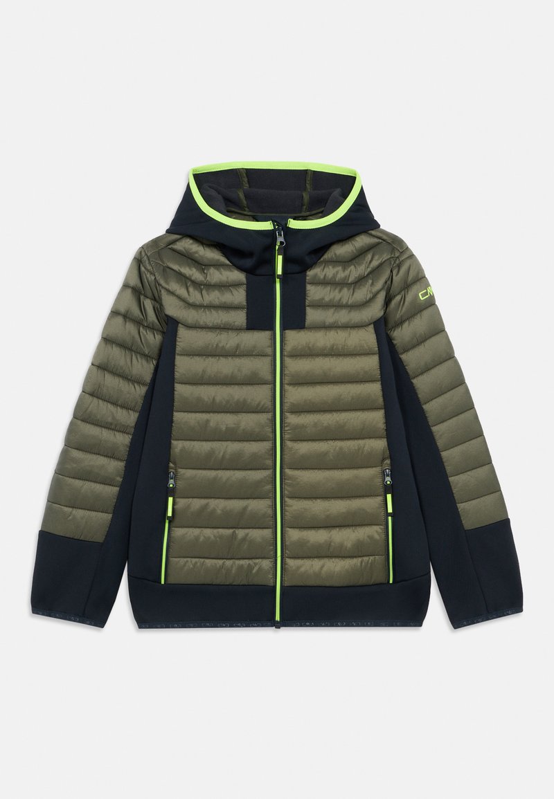 Gepolsterte Jacke in Olivgrün und Marineblau mit Kapuze, Reißverschluss und neon-grünen Akzenten. Strukturierte Einsätze und zwei Reißverschlusstaschen.