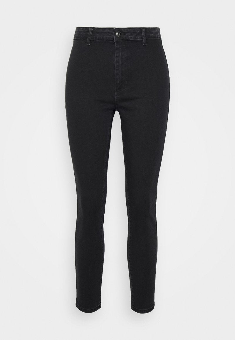 Schwarze, schlank geschnittene Jeans aus Denim, mit hoher Taille, Knopfverschluss und glatter Textur. Keine sichtbaren Muster oder Verzierungen.