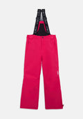 Pinkfarbene Skihosen mit verstellbaren schwarzen Trägern, Seitentaschen, einem geraden Bein Design und einem CMP-Logo am unteren Bein.